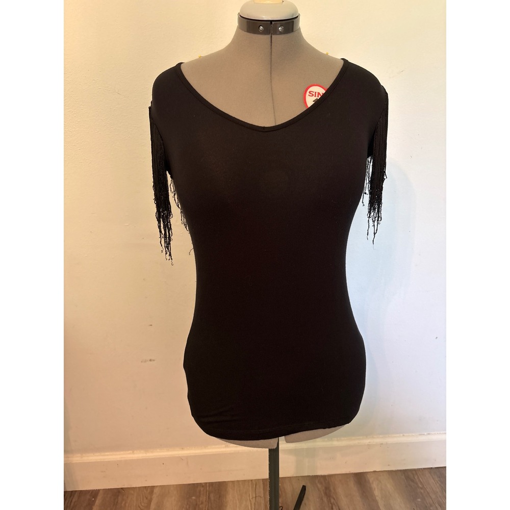 Cache Fringe Shoulder Top Women Small Black Excellent Rayon Stretch Scoop Neck